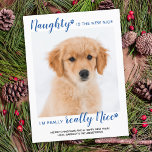 Naught Nice Funny Blue Buffalo Plaid Pet Photo Holiday Postcard<br><div class="desc">Naughty is the new nice, I'm really, really Nice! Send cute and fun holiday greetings with this super cute personalized custom pet photo holiday card. Merry Christmas wishes from the dog with cute paw prints in a fun modern photo design. Add your dog's photo or family photo with the dog,...</div>