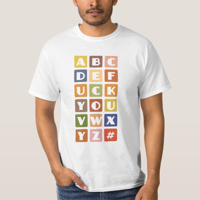 Naughty Alphabets shirt – choose style & colour (Front)