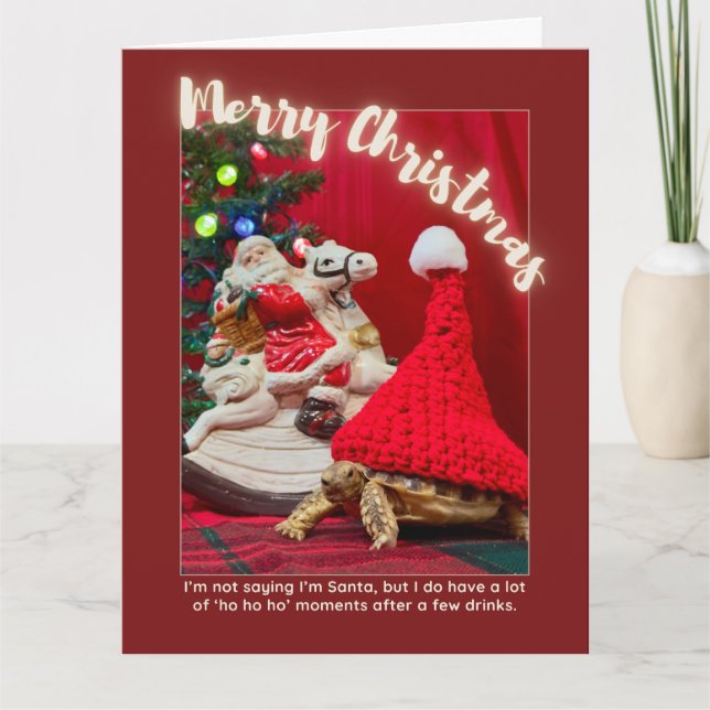 Naughty and Cute Christmas Tortoise with Santa Card (Front)