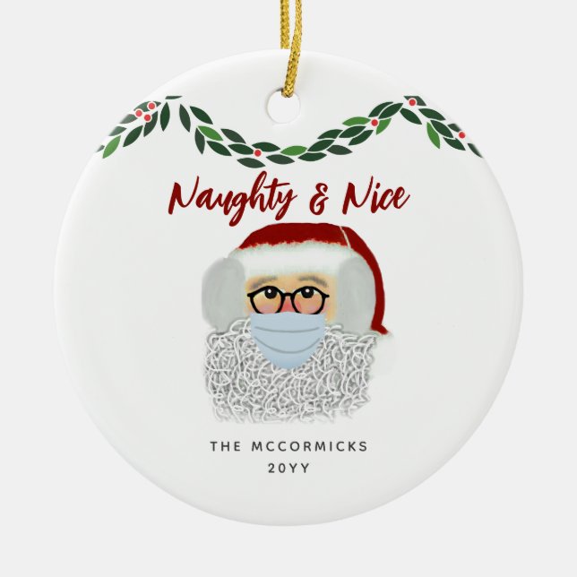 Naughty And Nice Funny Santa Family Christmas Ceramic Tree Decoration (Front)