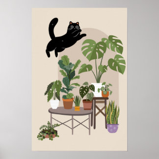 Naughty Black Cat & Monstera Jungle Poster