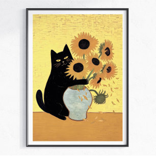 Naughty Black Cat Sunflower Painting Style Poster