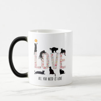 Naughty Black Cat with Love Floral Motifs Magic Mug