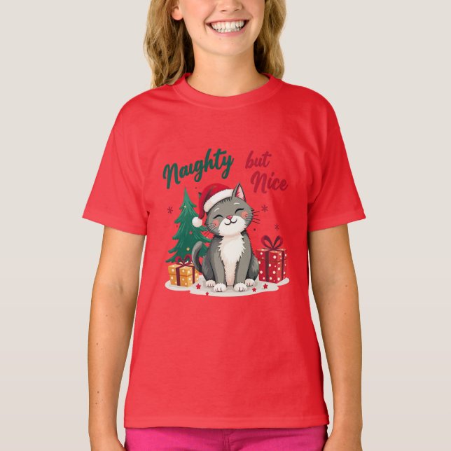 Naughty But Nice Cat Christmas T-shirt (Front)
