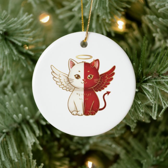 Naughty Cat Angel and Mischievous Cat Split Xmas Ceramic Tree Decoration (Tree)
