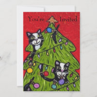 Naughty Cats Climbing Christmas Tree Red Green
