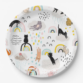 Naughty Cats With Seamless Pattern Rainbows Paper Plate