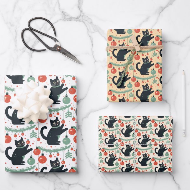 Naughty Christmas Cat with Ornaments Wrapping Paper Sheet (Front)