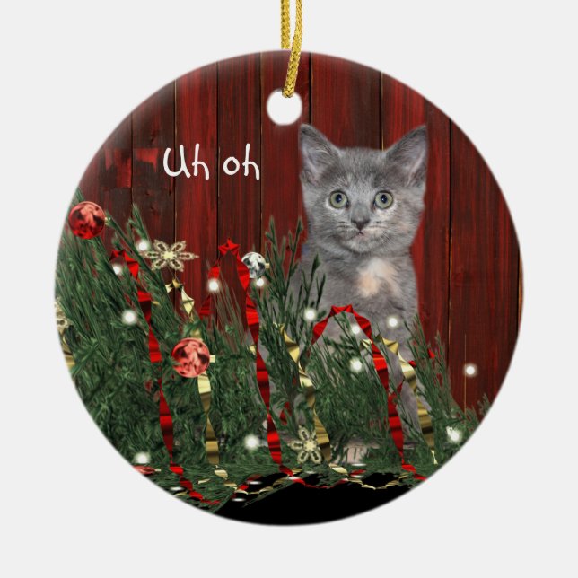 Naughty Christmas kitty Ceramic Tree Decoration (Front)