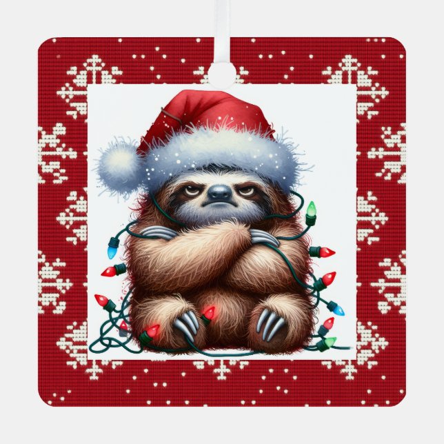 Naughty Christmas Lights Sloth Metal Tree Decoration (Front)