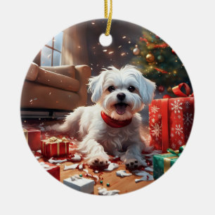 Naughty Christmas Puppy, Cute, Funny, Cartoon Ceramic Tree Decoration