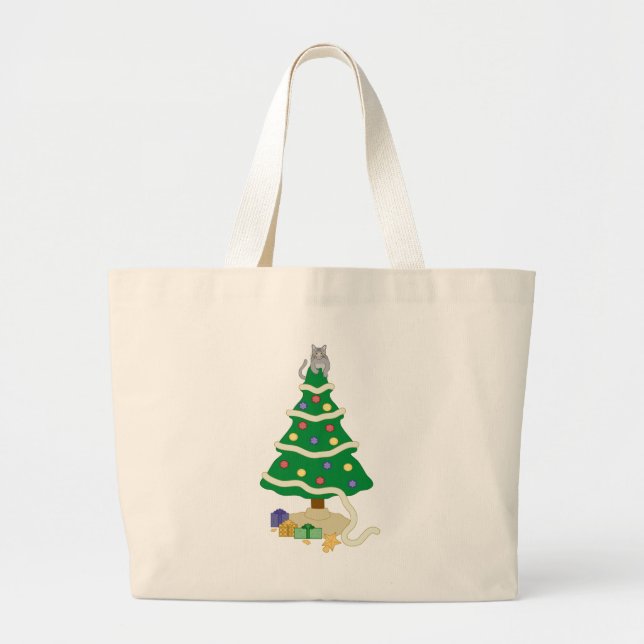 Naughty Christmas Tree Kitty Cat Large Tote Bag (Front)