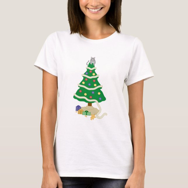 Naughty Christmas Tree Kitty Cat T-Shirt (Front)