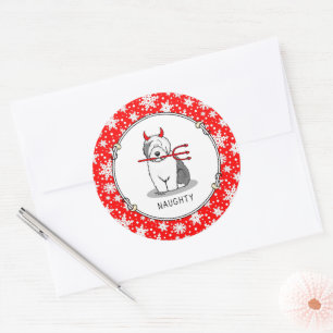 Naughty Devil Old English Sheepdog (Grey 1) Classic Round Sticker