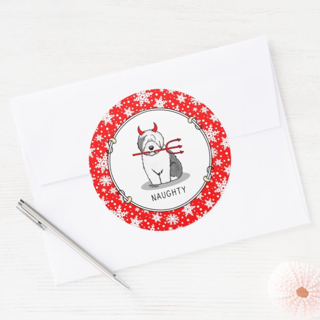 Naughty Devil Old English Sheepdog (Grey 1) Classic Round Sticker (Envelope)