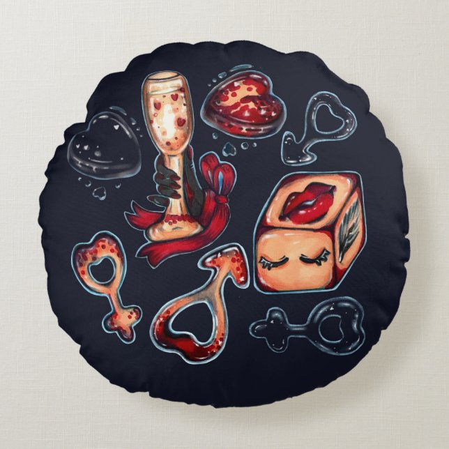 Naughty Dice & Champagne Adult Humor Dark Romantic Round Cushion (Front)
