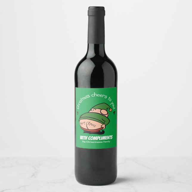 Naughty Elves Green Christmas Wine Label (Front)