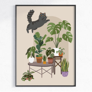 Naughty Grey Tabby Cat & Monstera Jungle Poster