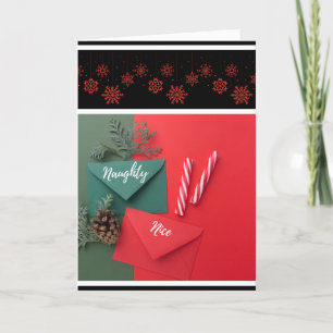 Naughty Nice Christmas Candy Cane Snowflakes Holiday Card