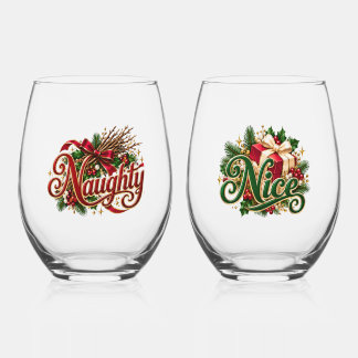Naughty Nice Christmas Typography Pair Stemless Wine Glass