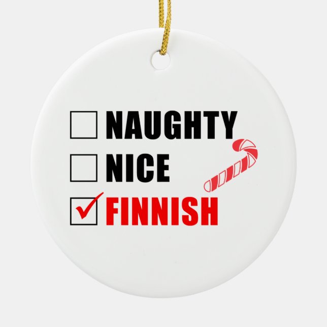Naughty Nice Finnish Candy Cane Ceramic Tree Decoration (Front)