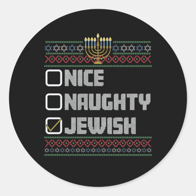 Naughty Nice Jewish Santa Ugly Christmas Hanukkah  Classic Round Sticker (Front)