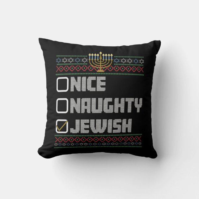 Naughty Nice Jewish Santa Ugly Christmas Hanukkah  Cushion (Front)