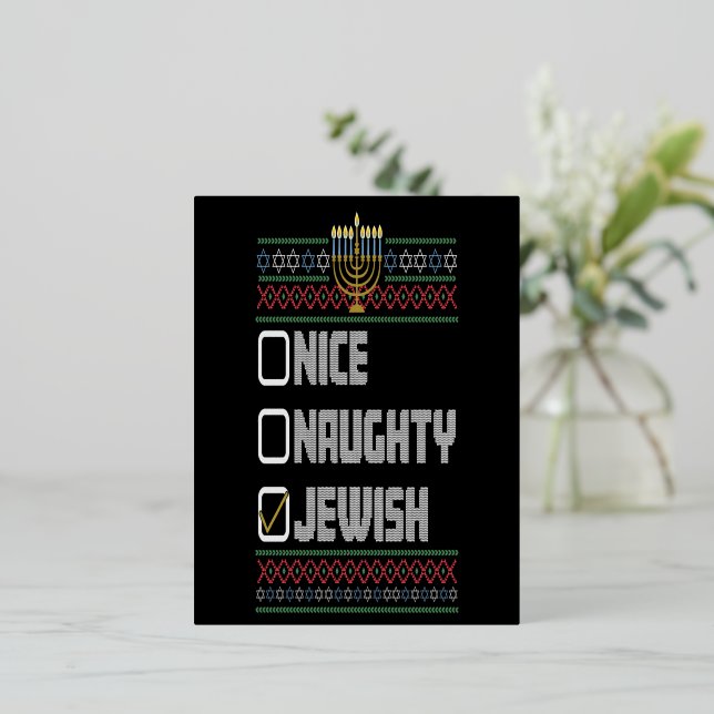 Naughty Nice Jewish Santa Ugly Christmas Hanukkah  Foil Holiday Postcard (Standing Front)