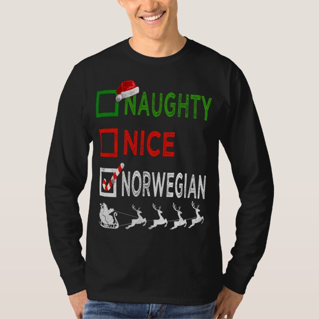 Naughty Nice Norwegian Christmas Pyjamas Funny San T-Shirt (Front)
