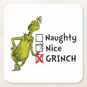 Naughty, Nice or Grinch Quote Square Paper Coaster