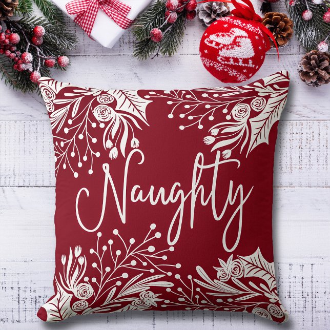 Naughty Nice Red White Christmas Floral Ivy Leaves Cushion (Creator Uploaded)