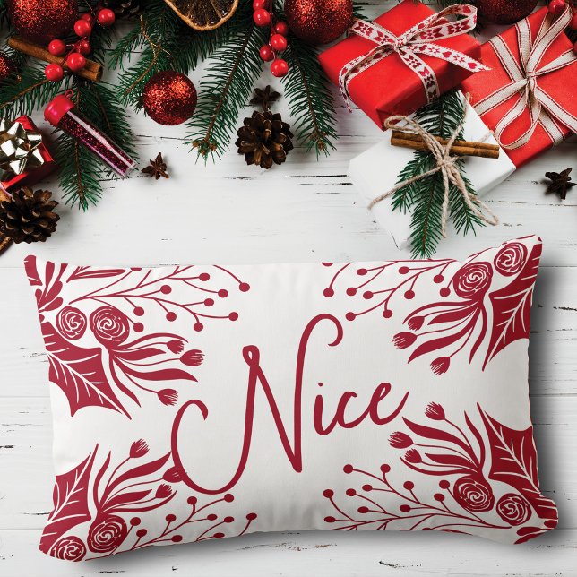 Naughty Nice Red White Christmas Floral Ivy Leaves Lumbar Cushion (Creator Uploaded)