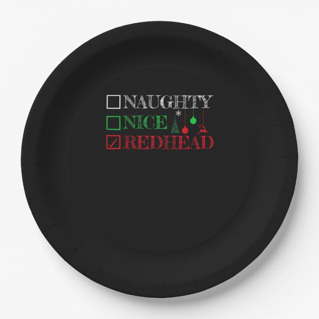 Naughty Nice Redhead Christmas Funny Holiday  Paper Plate (Front)