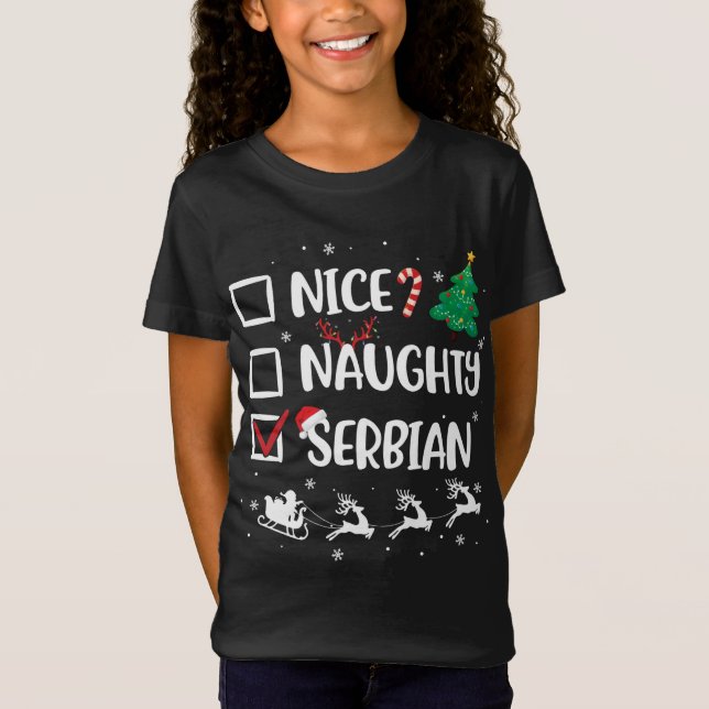 Naughty Nice Serbian Christmas Funny Santa Hat Xma T-Shirt (Front)