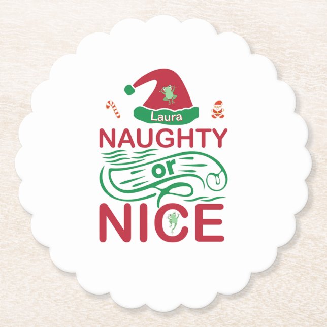  Naughty or Nice Christmas Frogs with Santa Design Paper Coaster (Front)