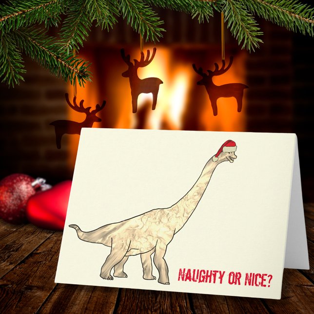 Naughty or Nice Funny Christmas Dinosaur Quote Card (Funny Christmas dinosaur wearing a Santa hat with naughty or nice quote)