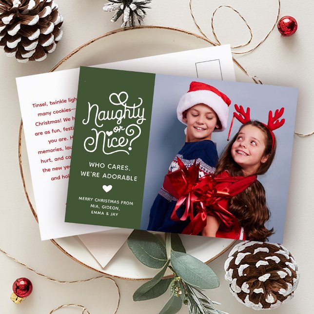 Naughty or Nice Funny Cute Kids Sibling Photo Holiday Postcard (Creator Uploaded)