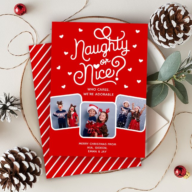Naughty or Nice Funny Cute Sibling Family 3 Photo  Holiday Card (Creator Uploaded)