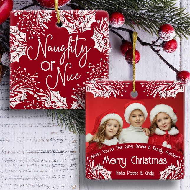 Naughty or Nice Funny Five Photo Christmas Ceramic Ornament (Creator Uploaded)