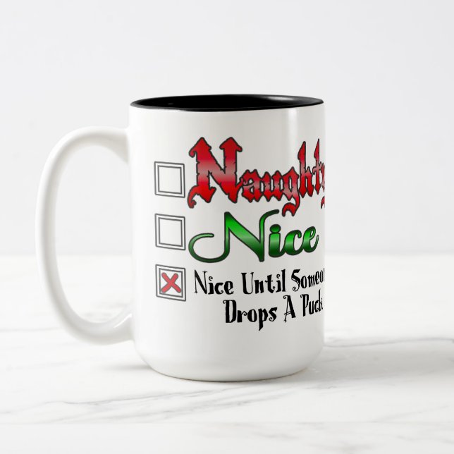 Naughty Or Nice Ice Hockey Fan Edition White Two-Tone Coffee Mug (Left)