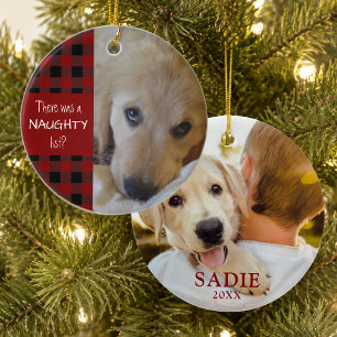 Naughty or Nice Pet Photo Red Plaid Personalized Ceramic Tree Decoration