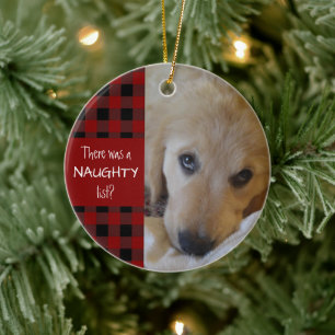 Naughty or Nice Pet Photo Red Plaid Personalized Ceramic Tree Decoration