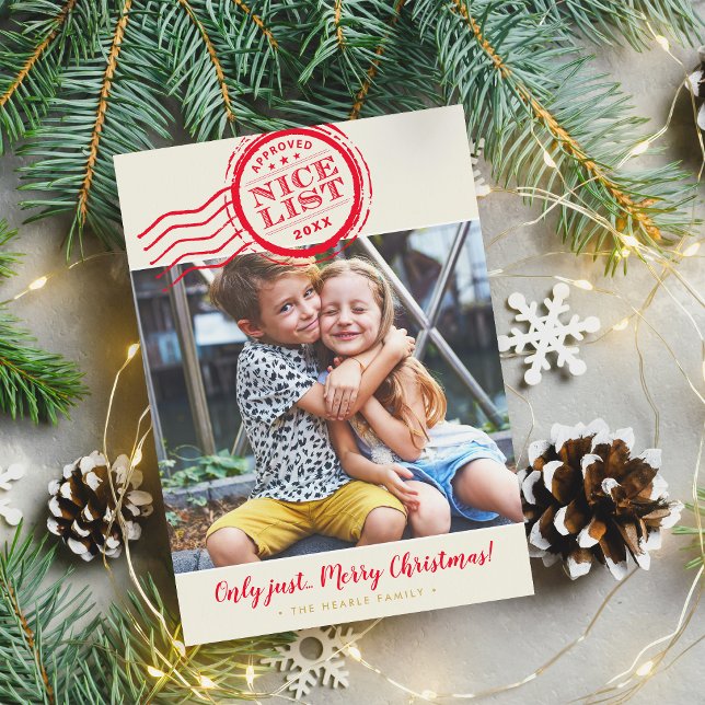 NAUGHTY or NICE PHOTO funny santas list stamp  Holiday Card (Creator Uploaded)