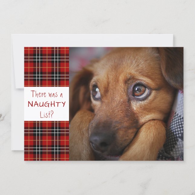 Naughty or Nice Red Plaid Custom Greeting Holiday Card (Front)