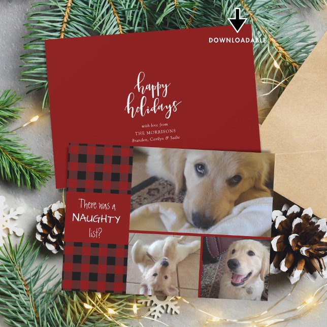 Naughty or Nice Red Plaid HAPPY HOLIDAYS 3 Photos Holiday Card (Creator Uploaded)