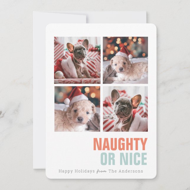 Naughty or Nice Simple Pet 4 Photos Holiday Card (Front)