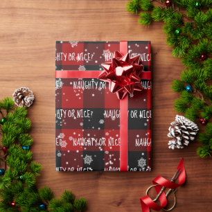 NAUGHTY OR NICE Text On Plaid Wrapping Paper