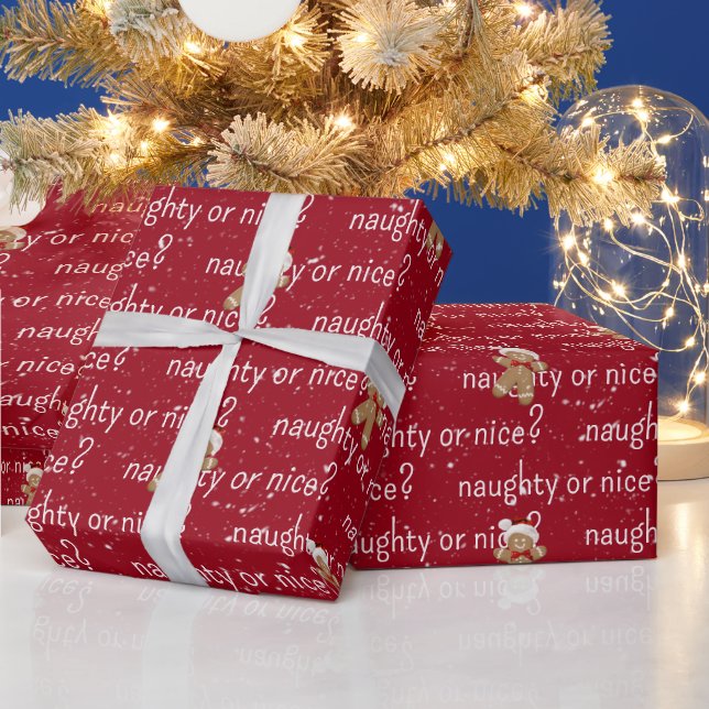 NAUGHTY OR NICE Text With Gingerbread Man Wrapping Paper (Holidays)