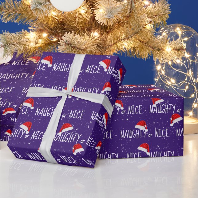 NAUGHTY or NICE Text with Santa Hats  Wrapping Paper (Holidays)