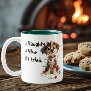 Naughty Puppy Santa Checklist Green Two-Tone Coffee Mug